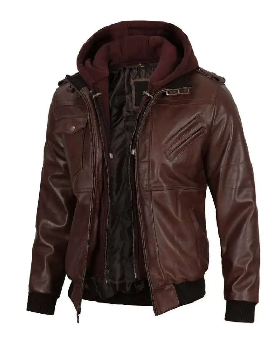 Mens Dark Brown Hooded Leather Bomber Jacket Mens Dark Brown Hooded Leather Bomber Jacket