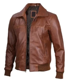 Mens Distressed Brown Harrington Leather Bomber Jacket