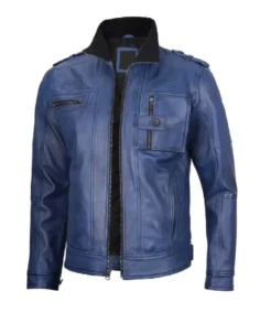 Mens Blue Leather Biker Jacket