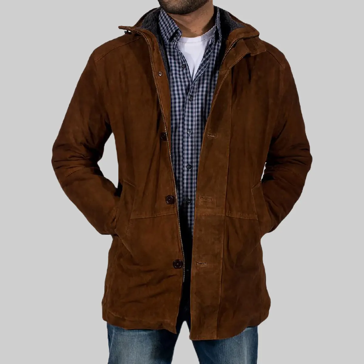 Noble-Mens-Brown-Suede-Shearling-Coat-1.Webp Noble Men’s Brown Suede Shearling Coat - Image 1