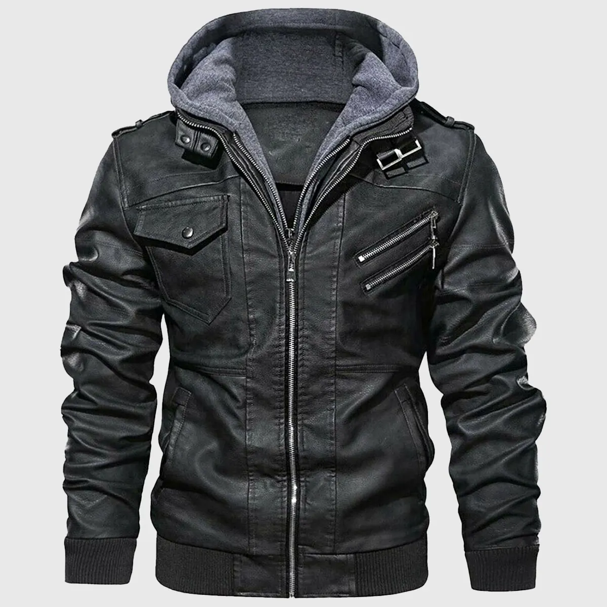 Quint-Mens-Black-Hooded-Bomber-Leather-Jacket-1-3.Webp Quint Men’s Black Hooded Bomber Leather Jacket - Image 1
