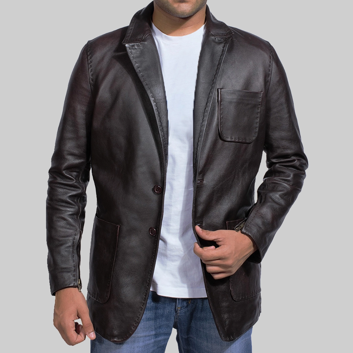 Raymond-Mens-Black-Leather-Blazer-Front.webp Raymond Men’s Black Leather Blazer - Image 1