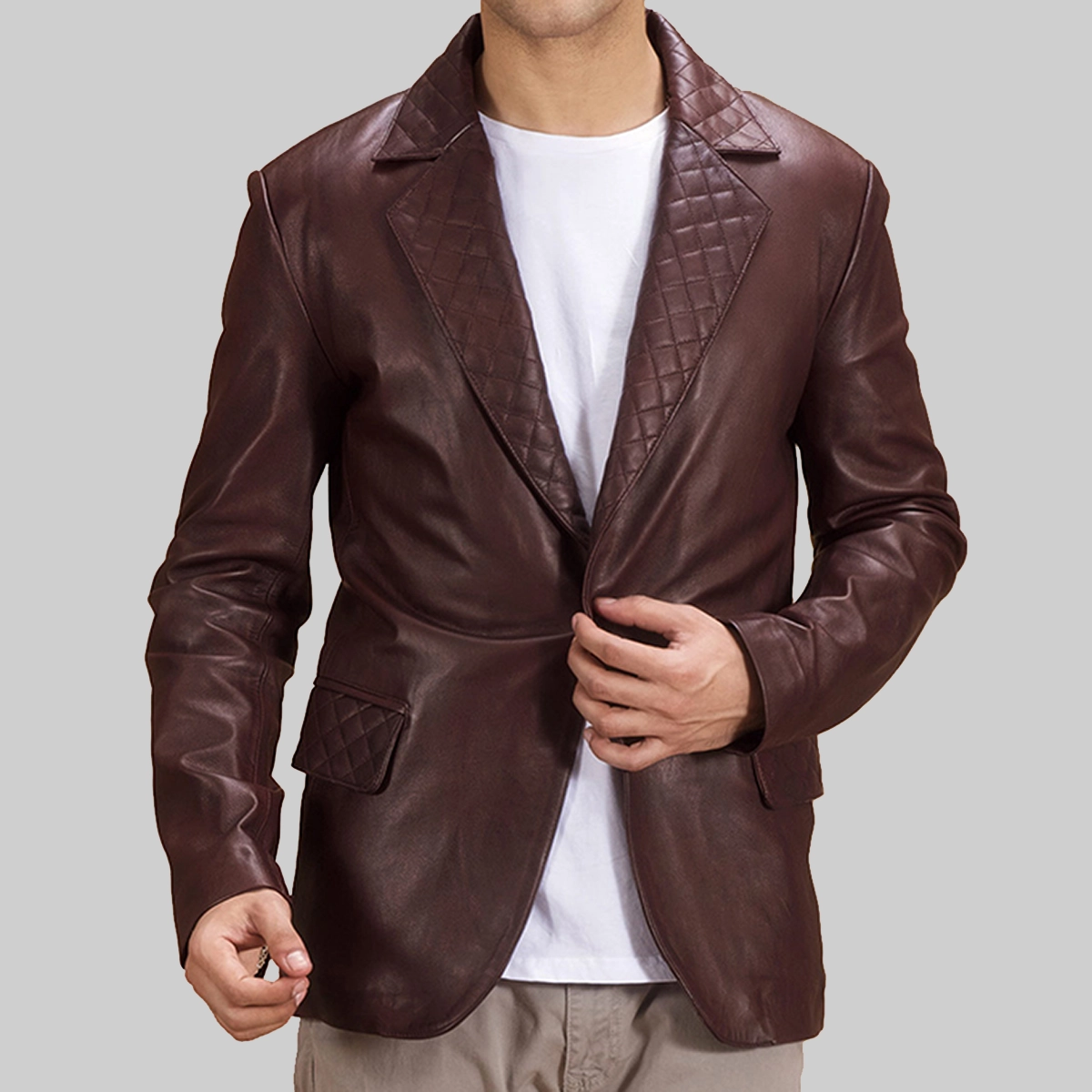 Ronan-Mens-Quilted-Maroon-Leather-Blazer-Front.webp Ronan Men’s Quilted Dark Brown Leather Blazer - Image 1