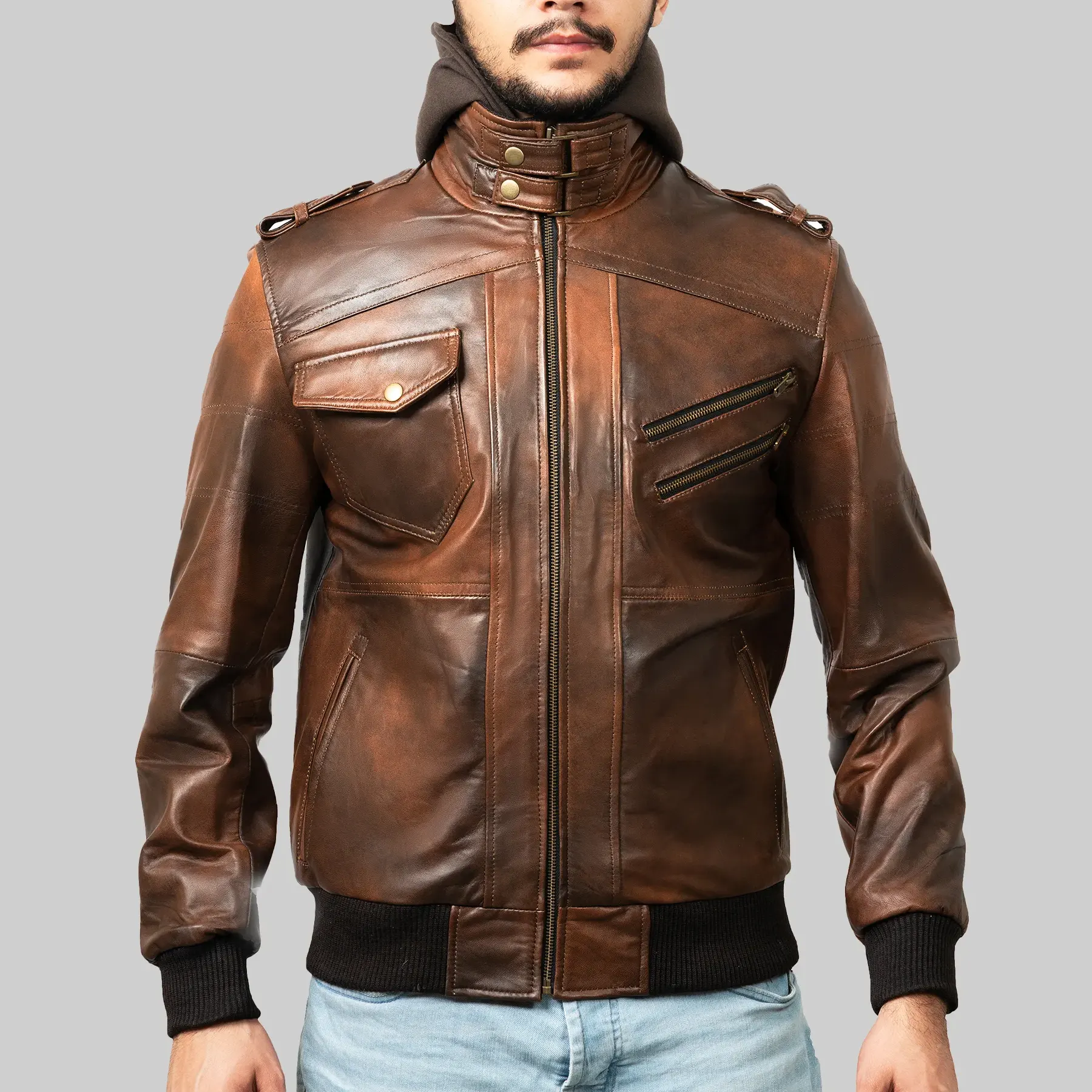 Roosevelt-Mens-Brown-Hooded-Leather-Biker-Jacket-1-1.Webp Roosevelt Men’s Brown Hooded Leather Biker Jacket - Image 1