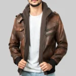 Roosevelt Men’s Brown Hooded Leather Biker Jacket - Image 2