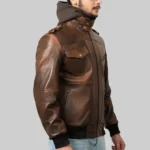 Roosevelt Men’s Brown Hooded Leather Biker Jacket - Image 3