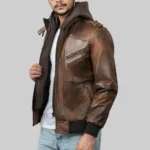 Roosevelt Men’s Brown Hooded Leather Biker Jacket - Image 4