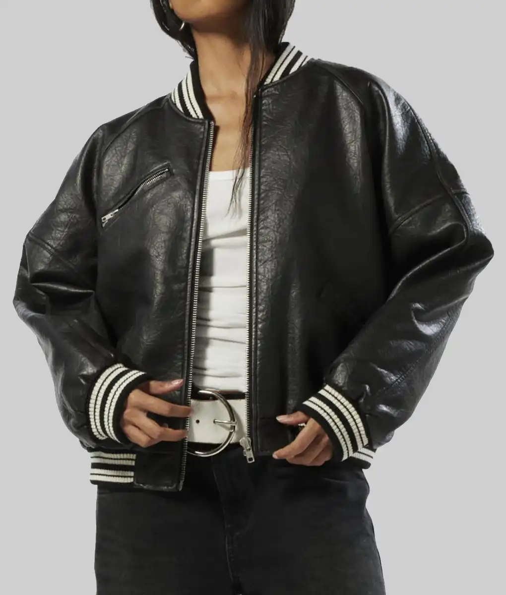 Rosa-Womens-Black-Leather-Varsity-Jacket-1.Webp Rosa Women’s Black Leather Varsity Jacket - Image 1