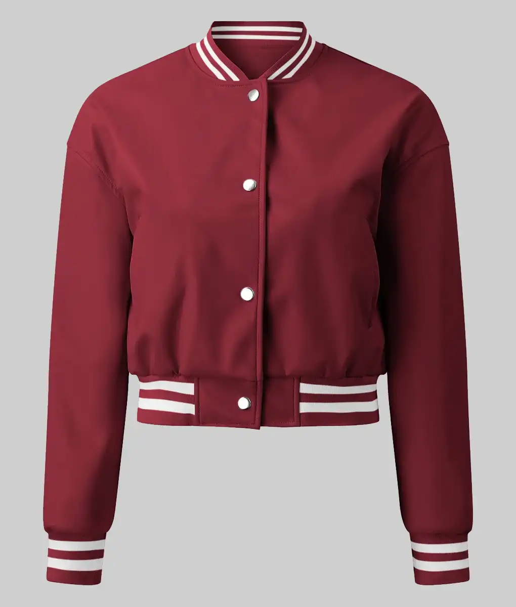 Sara-Womens-Burgundy-Leather-Varsity-Jacket-1.Webp Sara Women’s Burgundy Leather Varsity Jacket - Image 1
