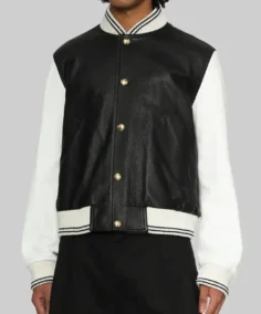 Women’s Solid Black and White Leather Varsity Jacket