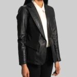 Black Women Leather Blazer Side - Trendy Leather Jackets