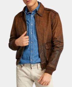 Gus Distressed Brown Leather Jacket Front