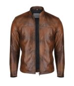Fain Distressed Brown Slim Fit Biker Jacket Front - Trendy Leather Jackets