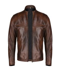 Slim Fit Distressed Brown Leather Jacket Front - Trendy Leather Jackets