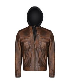 Men’s Distressed Brown Leather Jacket With Hood - Trendy Leather Jackets