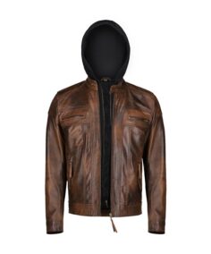 Men’s Distressed Brown Leather Jacket With Hood Front - Trendy Leather Jackets