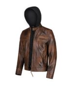 Men’s Dark Brown Leather Jacket With Hood - Image 3