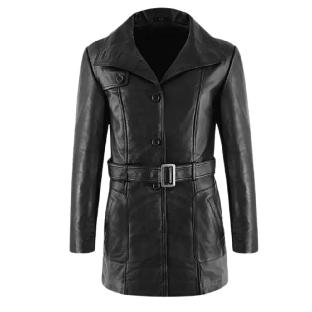 Women-Black-Leather-Trench-Coat.png Women Black Leather Trench Coat - Image 1