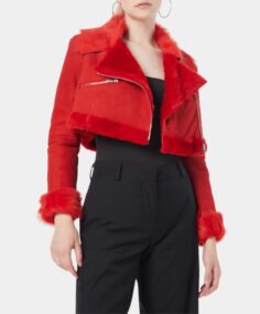 Anatalia Red Fur Cropped Leather Jacket - Trendy Leather Jackets