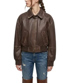 Womens Brown Leather Bomber Jacket Front View