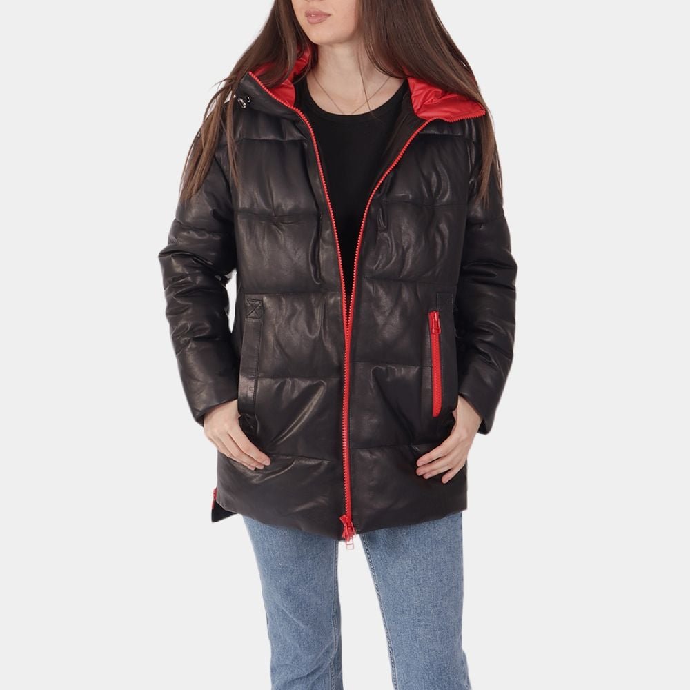 Womens-Cosmo-Red-Leather-Puffer-Jacket-Front-View-1.Jpg Women Brown Puffer Leather Jacket - Image 1