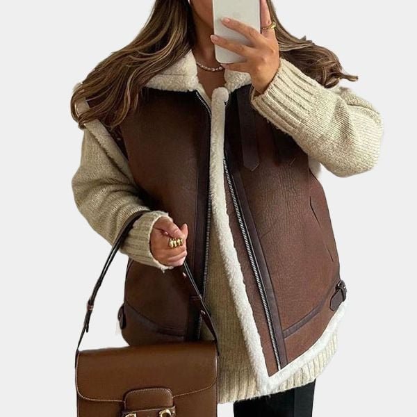 Womens-Fiona-Faux-Shearling-Leather-Vest-Front-View-1-1.Jpg Women Brown Aviator Leather Gilet - Image 1