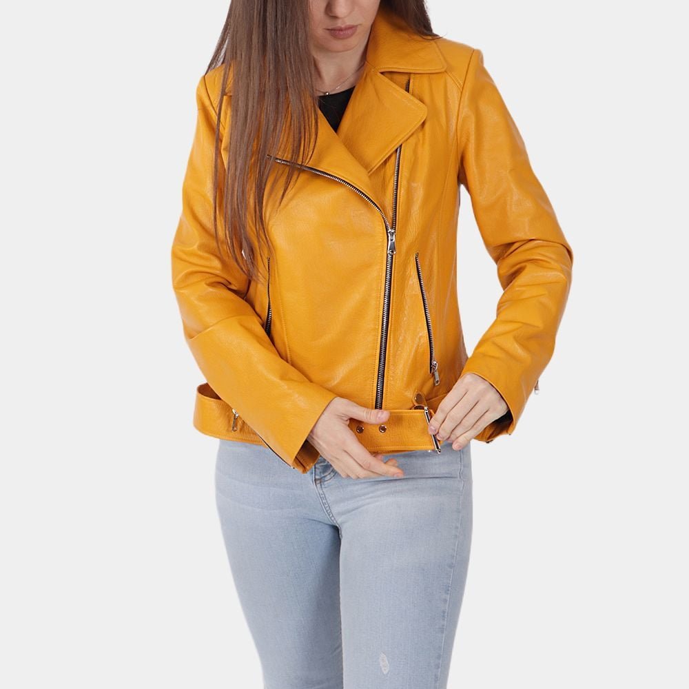 Womens-Jenna-Yellow-Leather-Biker-Jacket-Front-View-1.Jpg Women Yellow Biker Leather Jacket - Image 1