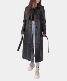 Women Black Leather Duster Coat