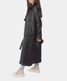 Women Black Leather Duster Coat Side View