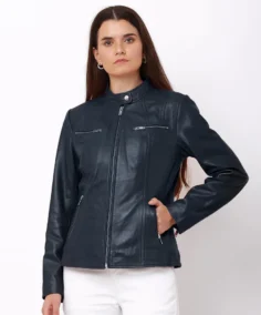 Women's Navy Racer Leather Jacket