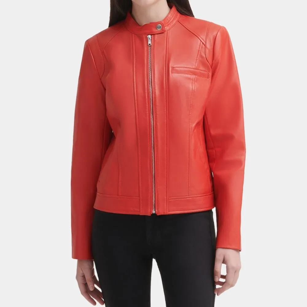 Womens-Orana-Red-Leather-Stand-Collar-Jacket-Front-View-1.Jpg Orana Leather Jacket - Image 1