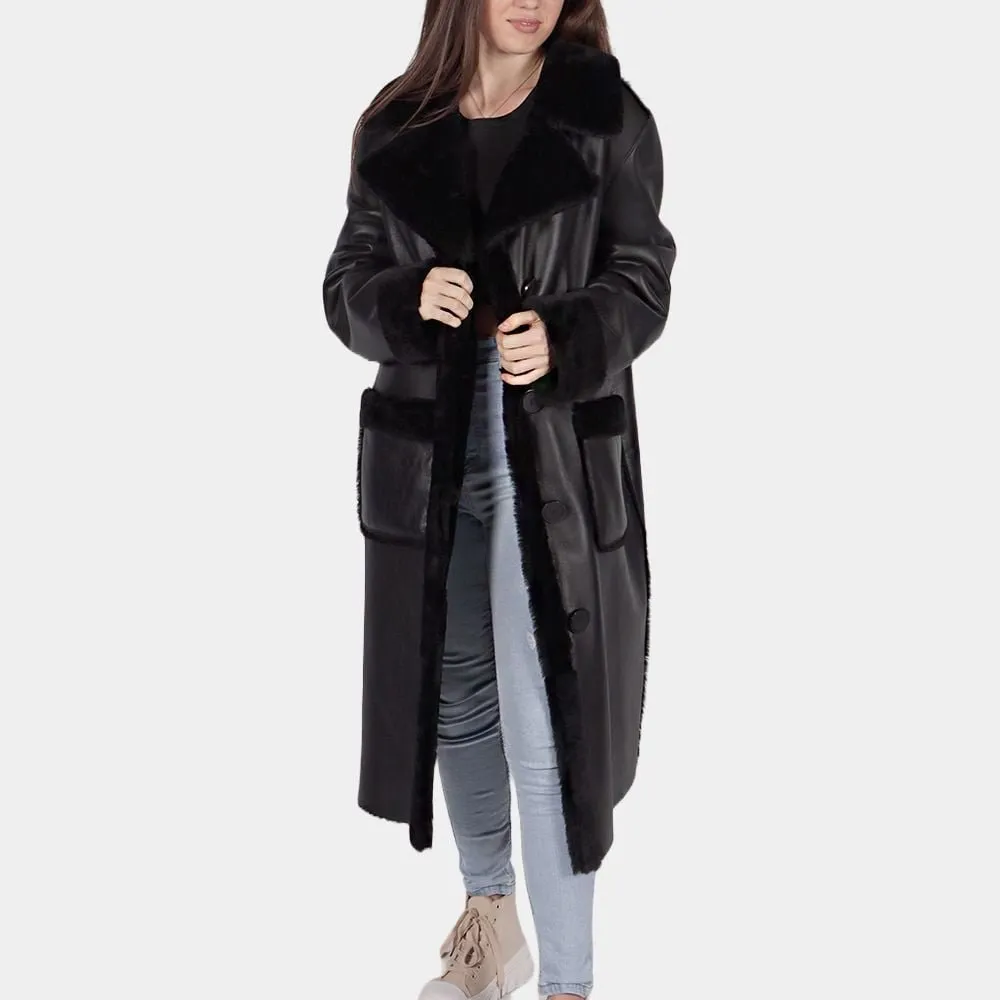 Womens-Saldana-Black-Leather-Shearling-Coat-Front-View-1.Jpg Saldana Shearling Long Coat - Image 1