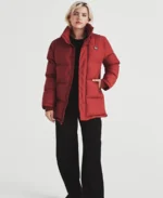 1920 Ruby Red Contour Adjustable Puffer Coat Jacket Front - Trendy Leather Jackets