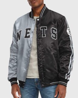 Brooklyn Nets Gray and Black Satin Jacket