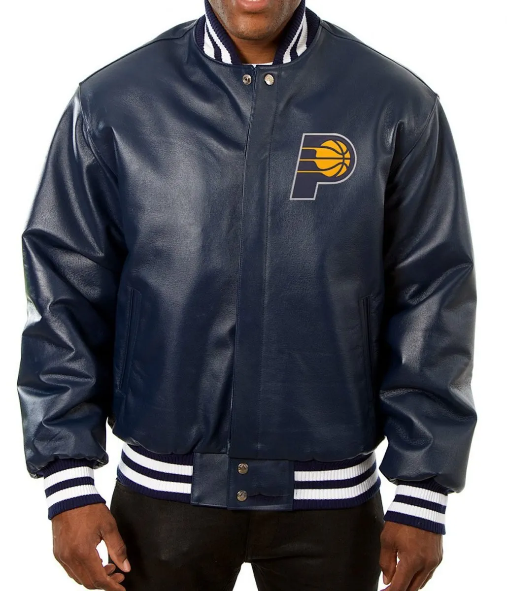 Indiana Pacers Navy Blue Varsity Leather Jacket Indiana Pacers Navy Blue Varsity Leather Jacket