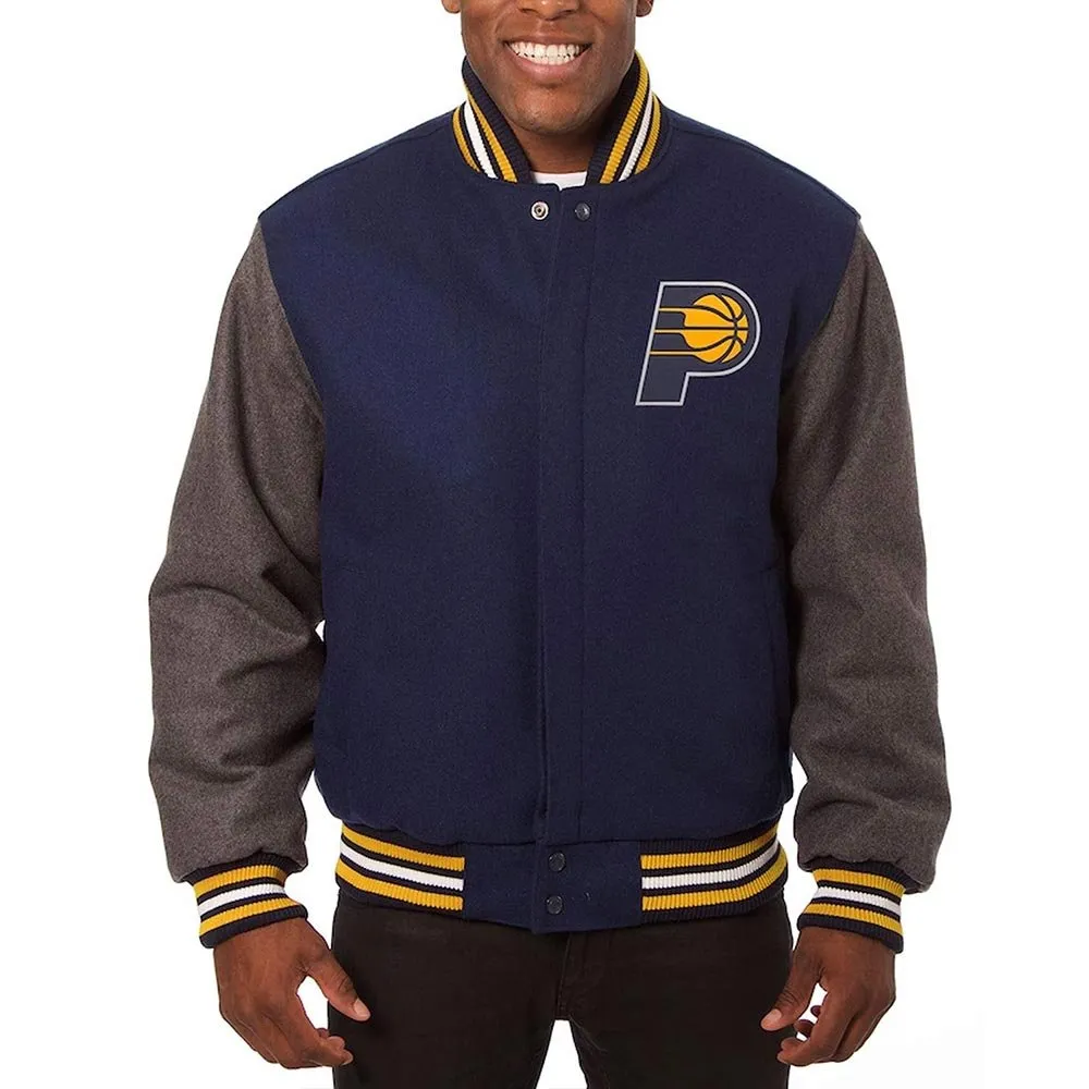 Indiana-Pacers-Varsity-Navy-And-Charcoal-Jacket.jpg Indiana Pacers Navy/Charcoal Varsity Wool Jacket - Image 1