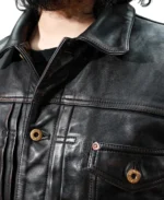 Men's Cowhide Slim Fit Black Leather Jacket Close Up