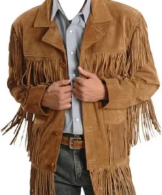 Men's Fringe Native Cowboy Western Brown Suede Leather Jacket
