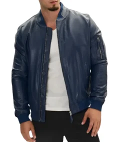Men’s Navy Blue Real Leather Bomber Jacket