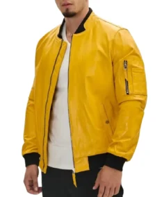 Men's Yellow Lambskin Leather Bomber Jacket Side - Trendy Leather Jackets