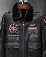 2019 Black Shearling Fur Coat Air Force Flight Leather Jacket Close Up Front