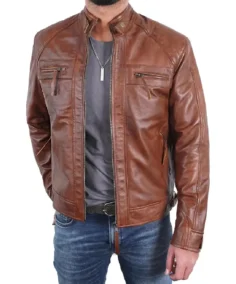Men Brown Cafe Racer Leather Jacket