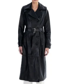 Women Black Spring Belted Leather Trench Coat