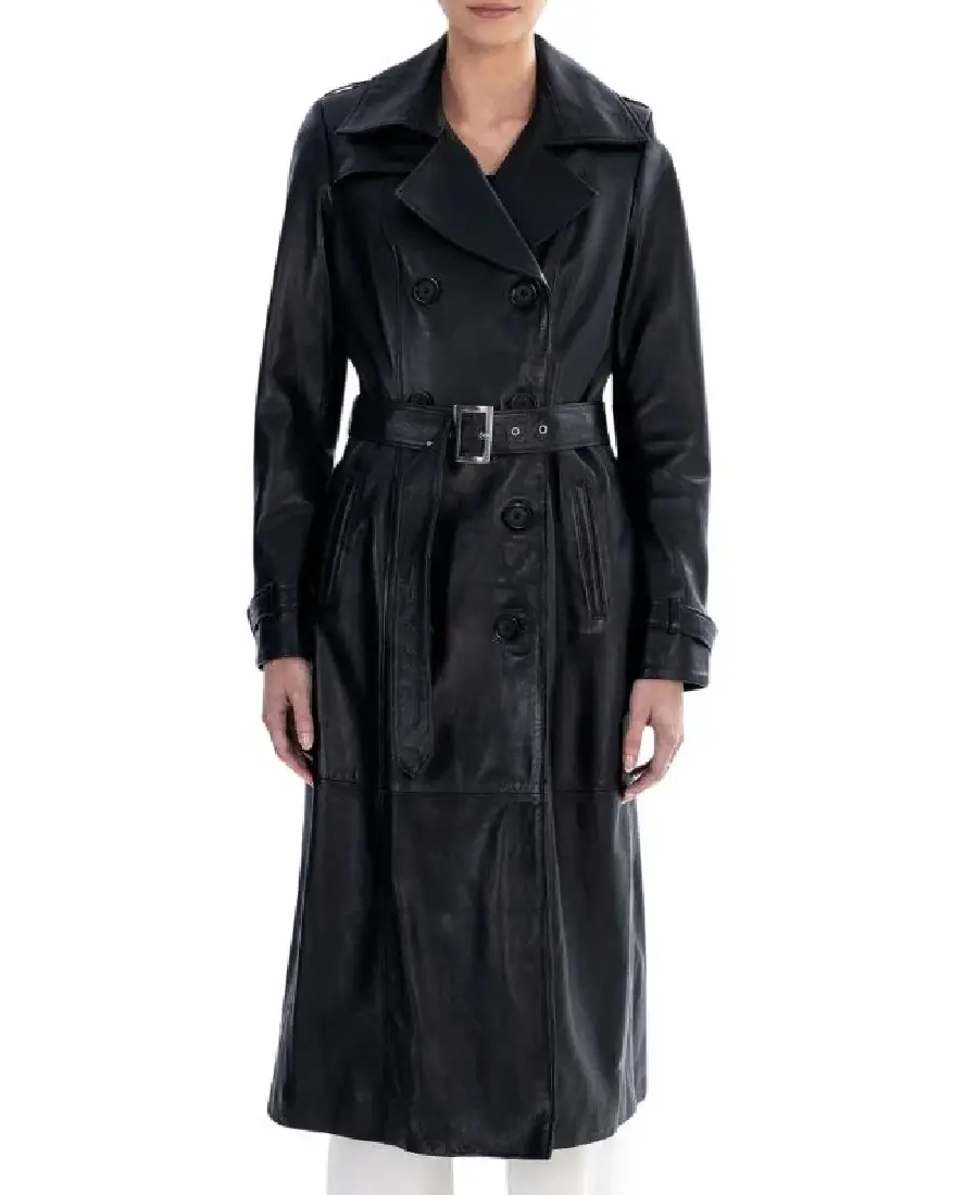 Women Black Spring Belted Leather Trench Coat Women Black Spring Belted Leather Trench Coat