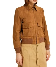 Women Camel Lauren Brown Suede Bomber Jacket