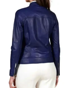 Women's Blue Cafe Racer Leather Jacket Back