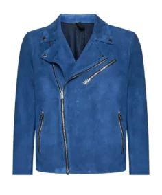 Men Blue Suede Leather Biker Jacket