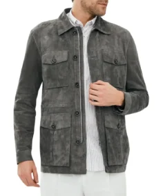 Men Dark Grey Suede Leather Shirt Jacket