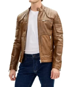 Men Piping Details Brown Moto Leather Jacket