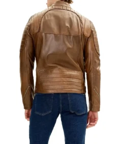 Men Piping Details Brown Moto Leather Jacket Back